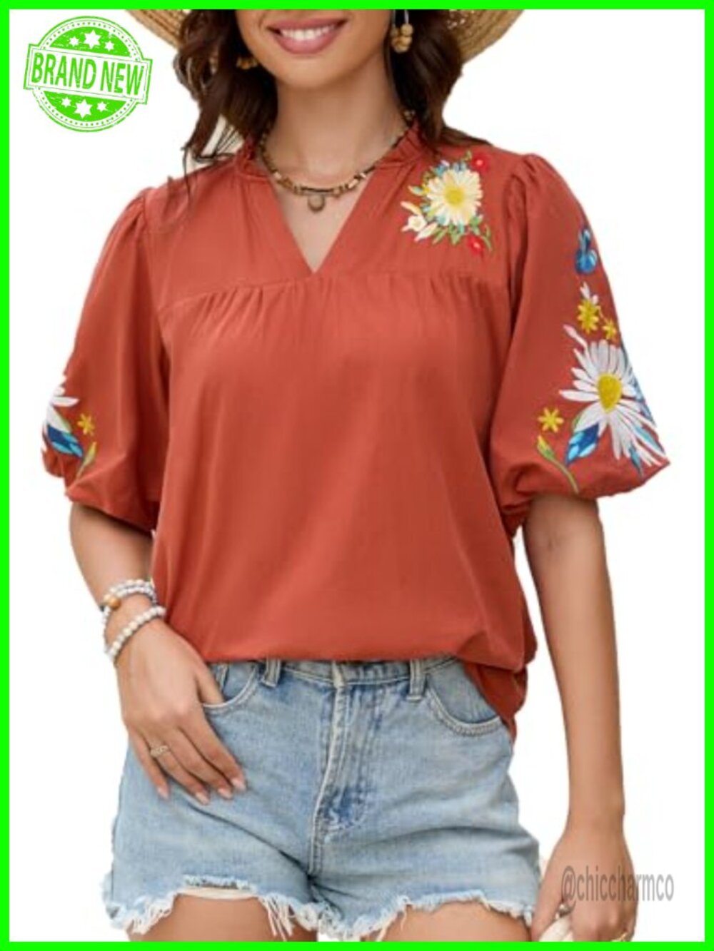 Boho Floral Embroidered Blouse V-Neck Puff Short Sleeve Cotton Peasant Tunic Top